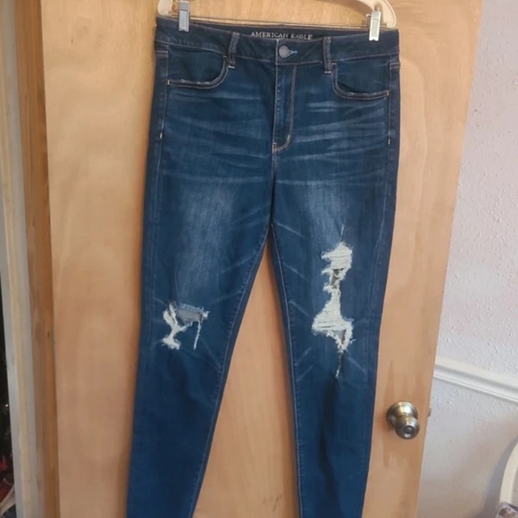 American Eagle Outfitters Women's Distressed Straight Leg Jeans - Dark Blue - Picture 1 of 9
